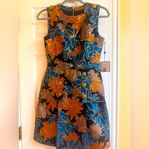Shelli Segal Orange + Blue Gold Statement Dress